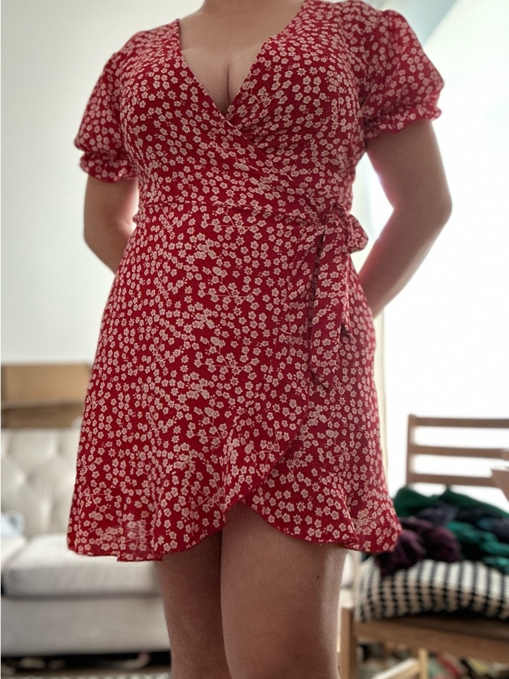Tie-Waist Red Floral Wrap Mini Dress with Puff Sleeves